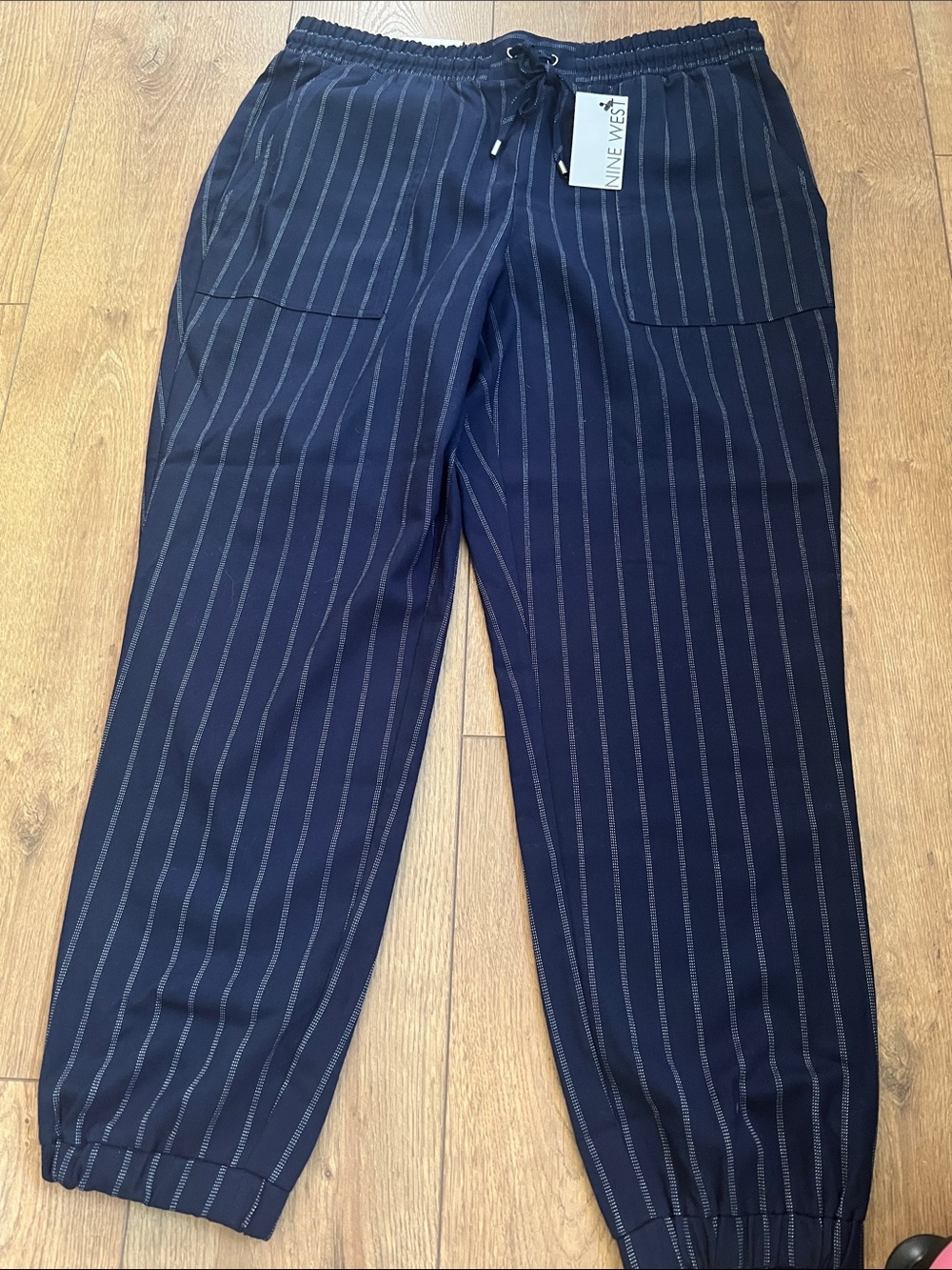 Nine West Navy Pinstripe Drawstring Joggers